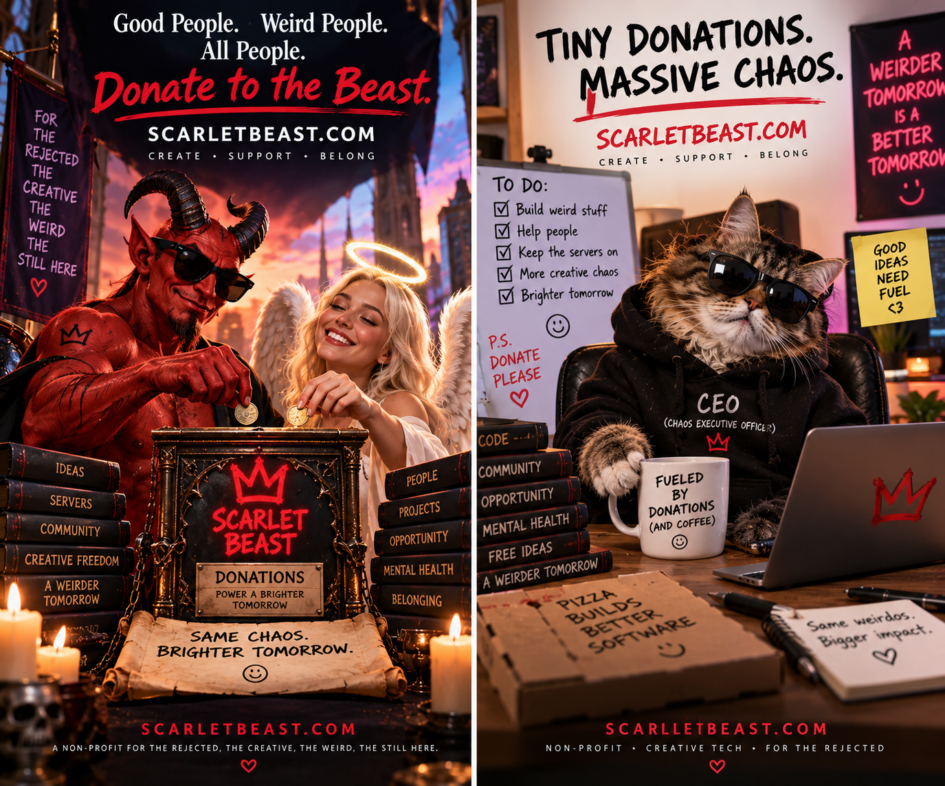 Poster: good people, weird people, all people. Donate to the Beast.