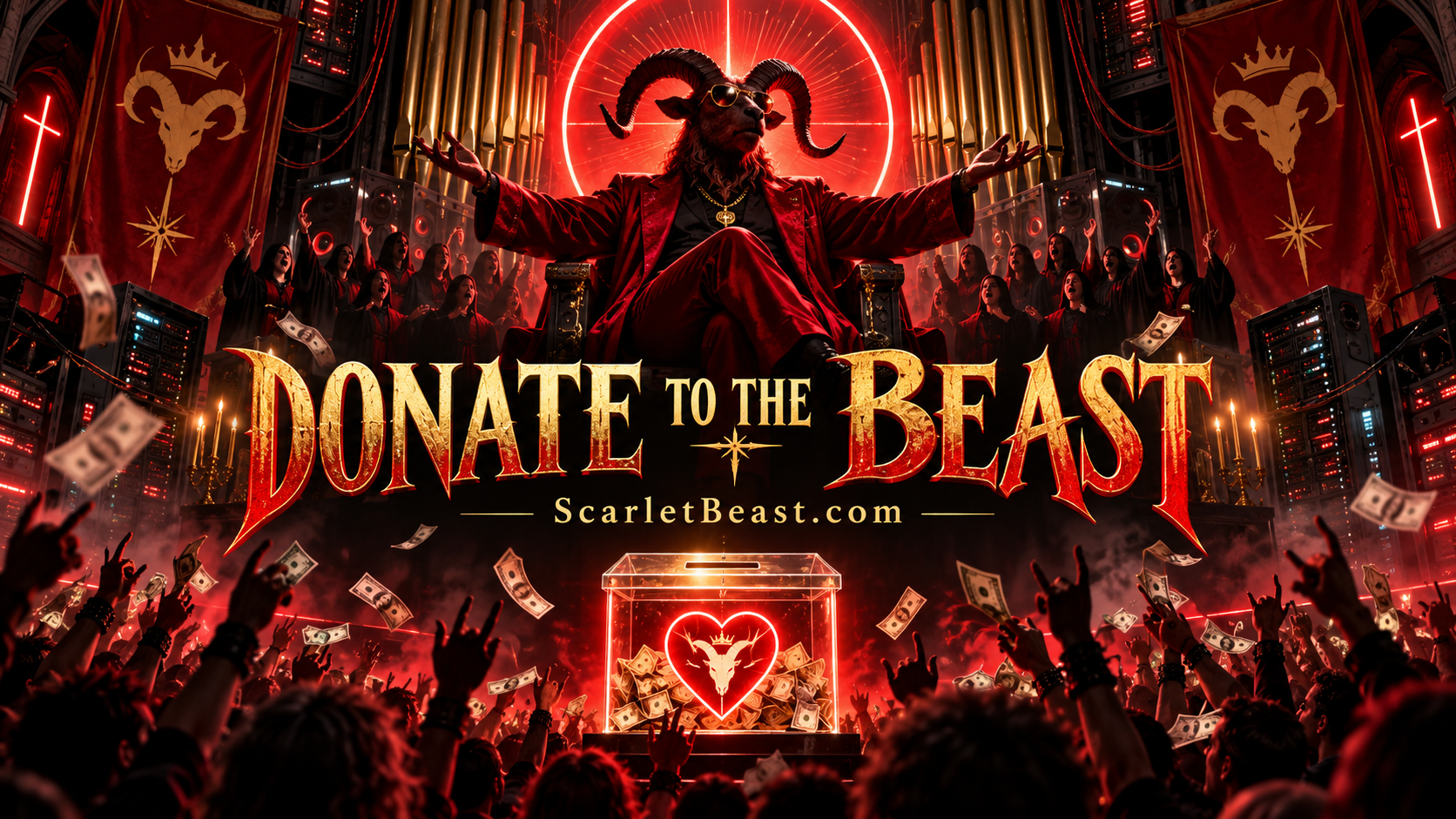 Donate to the Beast poster: a preacher before a crowd, money raining down.