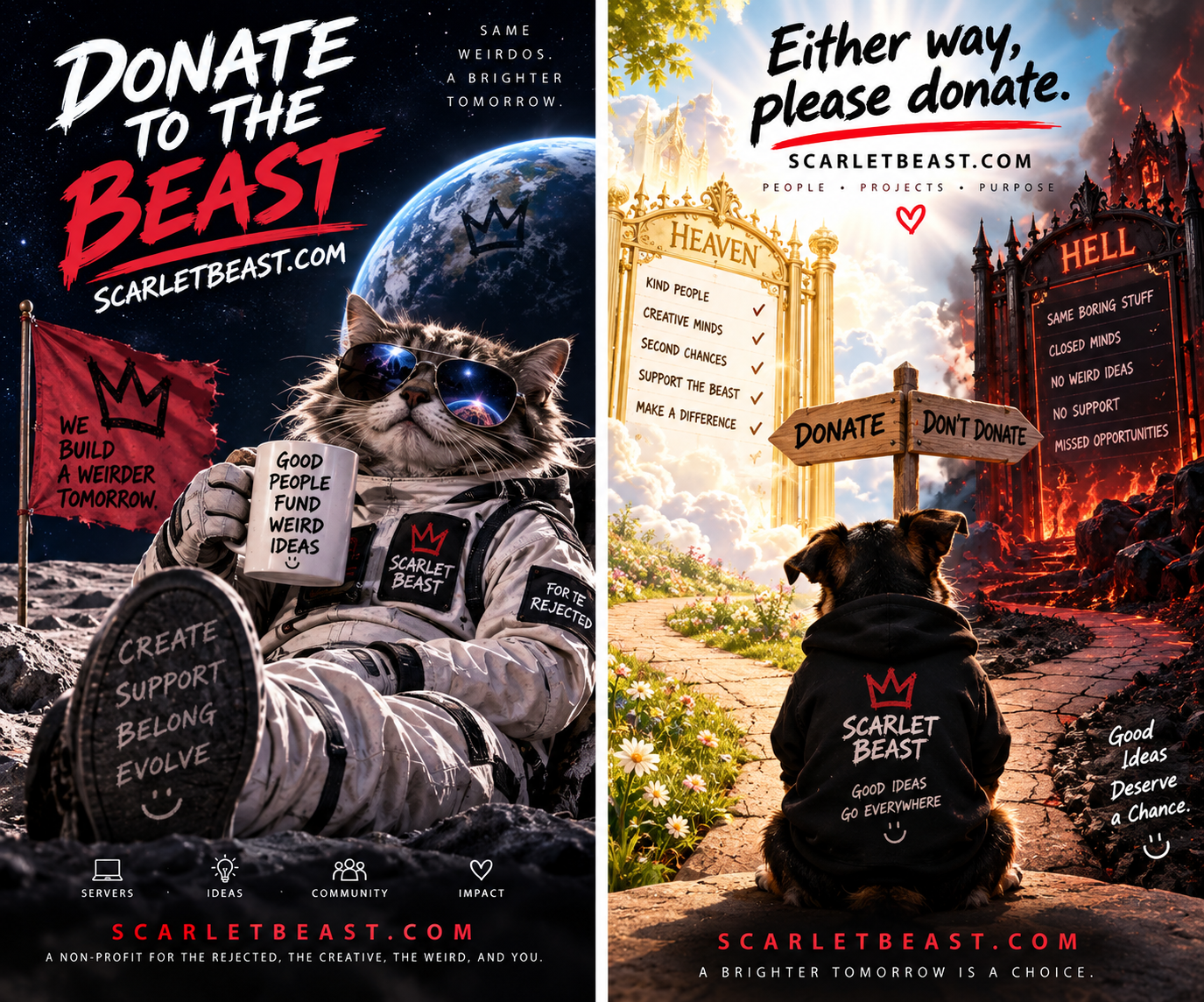 Poster: an astronaut cat on the moon, and a dog at a heaven-or-hell crossroads.